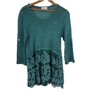 Belle France‎ Womens Wool Mohair Tunic Sweater Size L Teal Indie Chiffon Sequins
